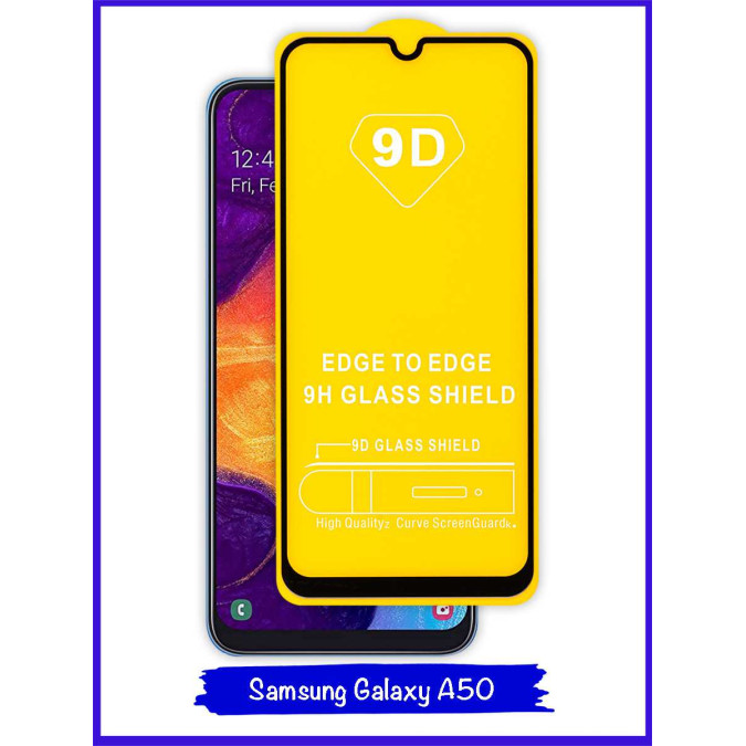 Стекло для Samsung Galaxy A50. Противоударное. Полноклеевое. Черная рамка. 9D.