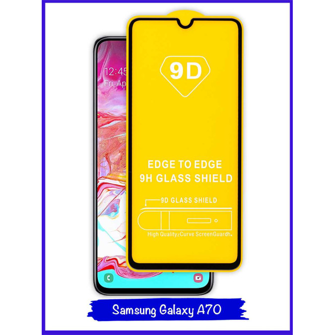 Стекло для Samsung Galaxy A70. Противоударное. Полноклеевое. Черная рамка. 9D.