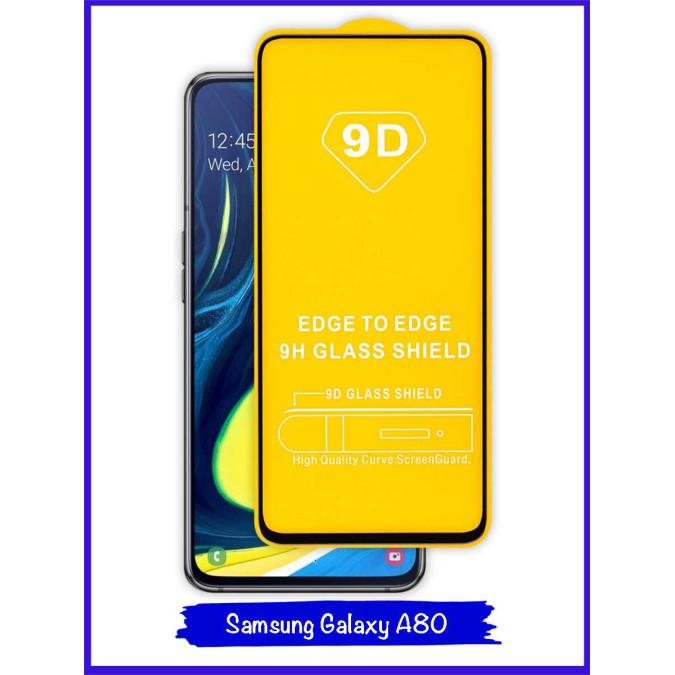 Стекло для Samsung Galaxy A80 / Samsung Galaxy A90. Противоударное. Полноклеевое. Черная рамка. 9D.