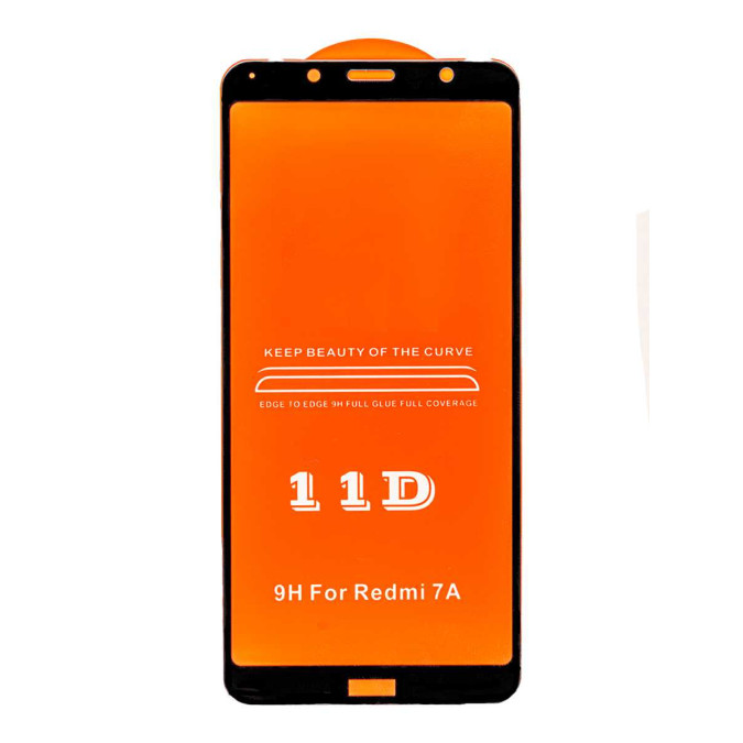 Стекло для Xiaomi Redmi 7A. Противоударное. Полноклеевое. Черная рамка. 11D.