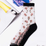 Носки женские длинные. Черный в розовый цветок. Сетка. Тип33. Черный.