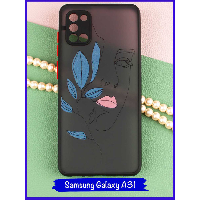 Чехол дизайнерский для Samsung Galaxy A31. Девушка с розовыми губами (ветка). Черная рамка.