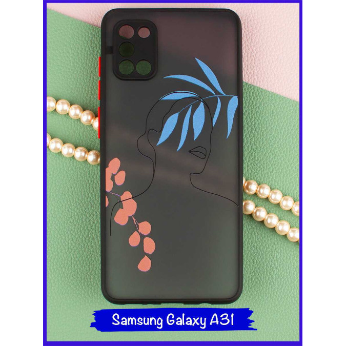 Чехол дизайнерский для Samsung Galaxy A31. Девушка (ветка розовая и голубая). Черная рамка.