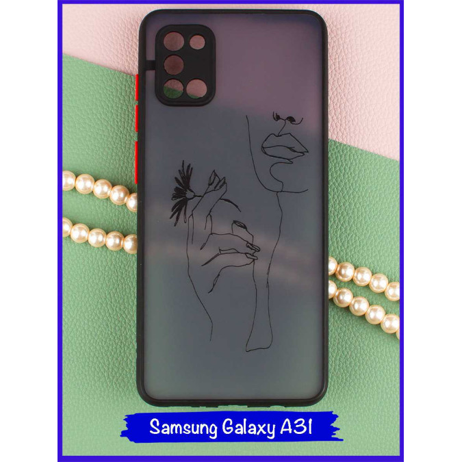 Чехол дизайнерский для Samsung Galaxy A31. Девушка с ромашкой. Черная рамка.