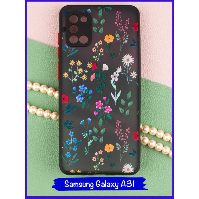 Чехол дизайнерский для Samsung Galaxy A31. Разные цветы. Черная рамка.