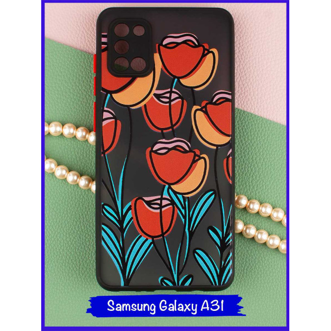 Чехол дизайнерский для Samsung Galaxy A31. Тюльпаны. Черная рамка.