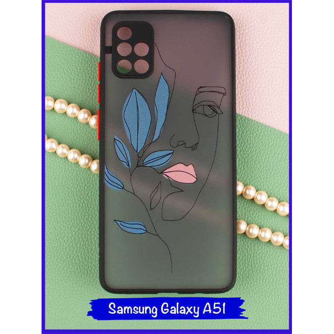 Чехол дизайнерский для Samsung Galaxy A51. Девушка с розовыми губами (ветка). Черная рамка.