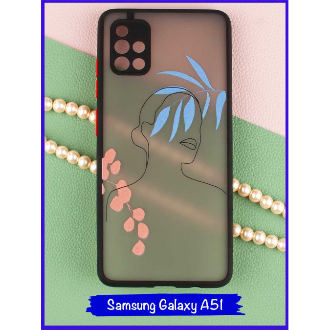 Чехол дизайнерский для Samsung Galaxy A51. Девушка (ветка розовая и голубая). Черная рамка.