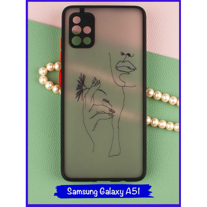 Чехол дизайнерский для Samsung Galaxy A51. Девушка с ромашкой. Черная рамка.