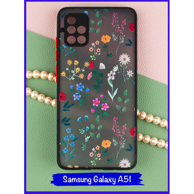 Чехол дизайнерский для Samsung Galaxy A51. Разные цветы. Черная рамка.