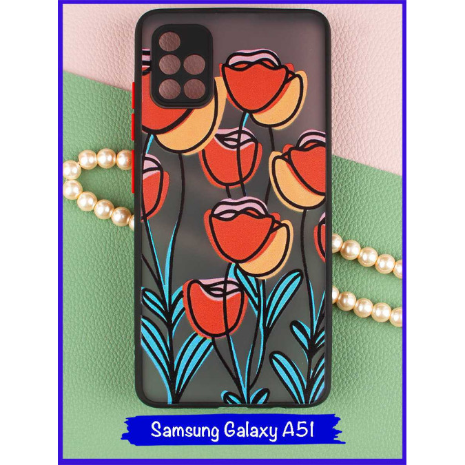 Чехол дизайнерский для Samsung Galaxy A51. Тюльпаны. Черная рамка.