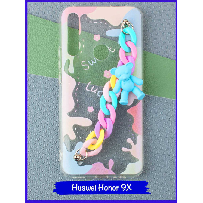 Чехол дизайнерский с цепочкой для Huawei Honor 9X / Huawei P Smart Z / Huawei Y9s / Huawei Y9 Prime 2019. Мишка(голубой).