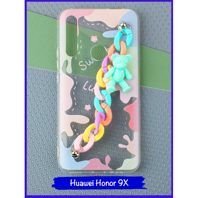 Чехол дизайнерский с цепочкой для Huawei Honor 9X / Huawei P Smart Z / Huawei Y9s / Huawei Y9 Prime 2019. Мишка(бирюзовый ).