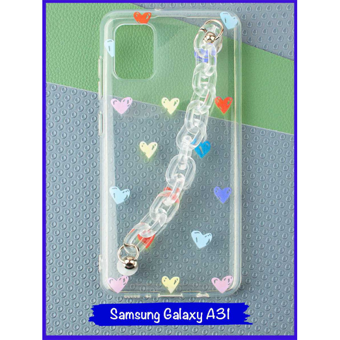 Чехол дизайнерский с цепочкой для Samsung Galaxy A31. Сердца.