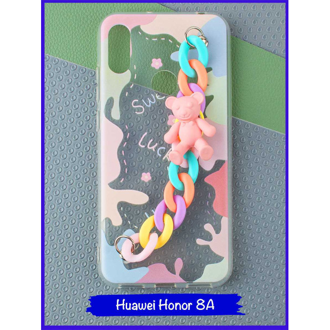 Чехол дизайнерский с цепочкой для Huawei Honor 8A / Huawei Y6s (2019) / Huawei Y6 Prime (2019). Мишка(пудровый).