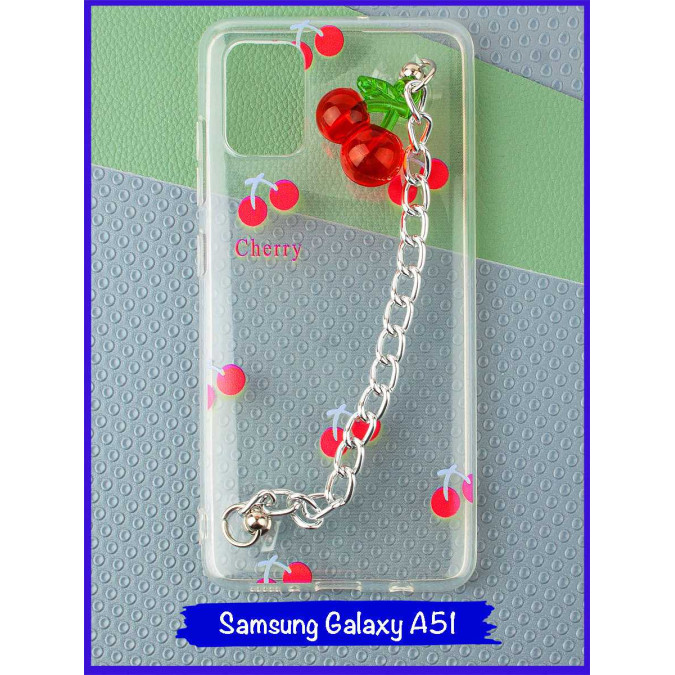 Чехол дизайнерский с цепочкой для Samsung Galaxy A51. Вишня.