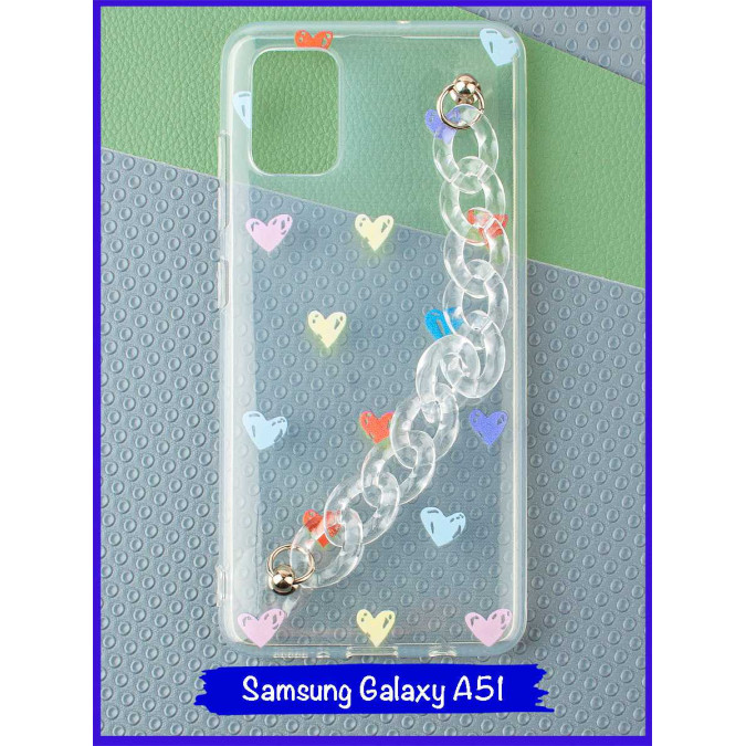 Чехол дизайнерский с цепочкой для Samsung Galaxy A51. Сердца.