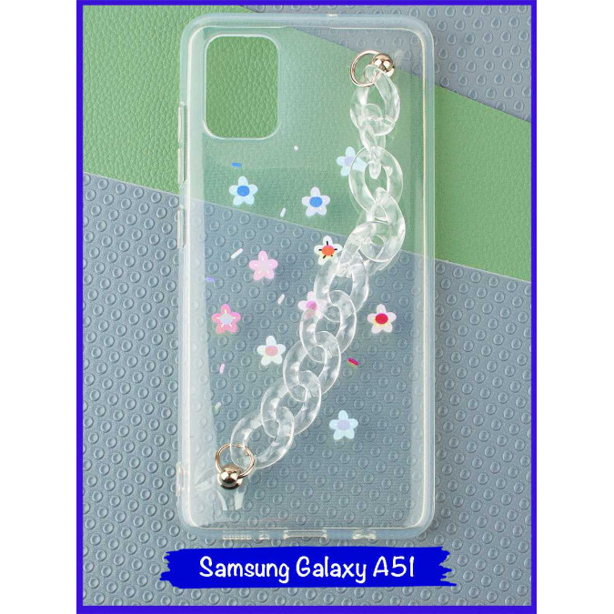 Чехол дизайнерский с цепочкой для Samsung Galaxy A51. Звезды и цветы.