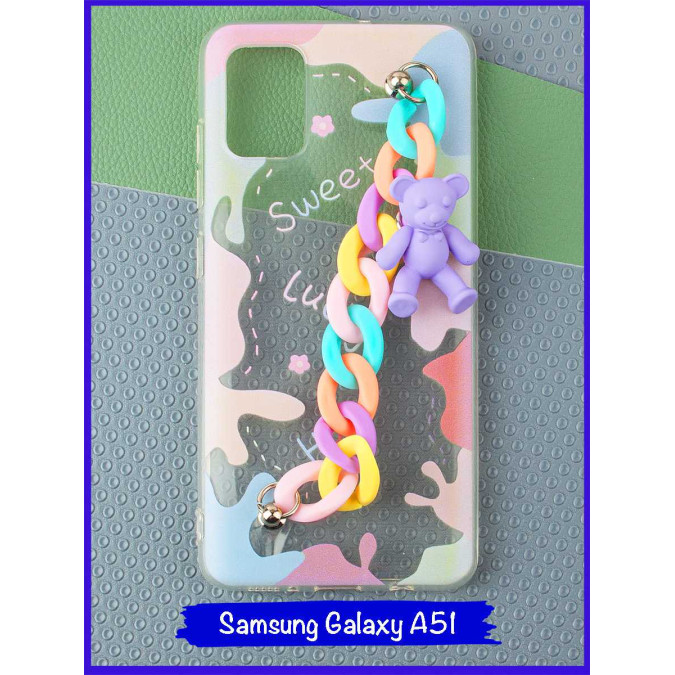 Чехол дизайнерский с цепочкой для Samsung Galaxy A51. Мишка(фиолетовый).