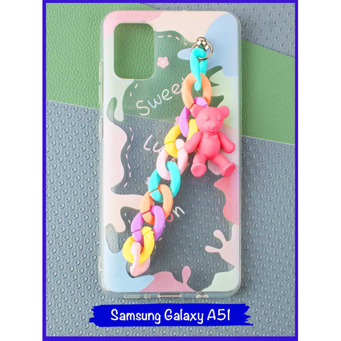 Чехол дизайнерский с цепочкой для Samsung Galaxy A51. Мишка (розовый).