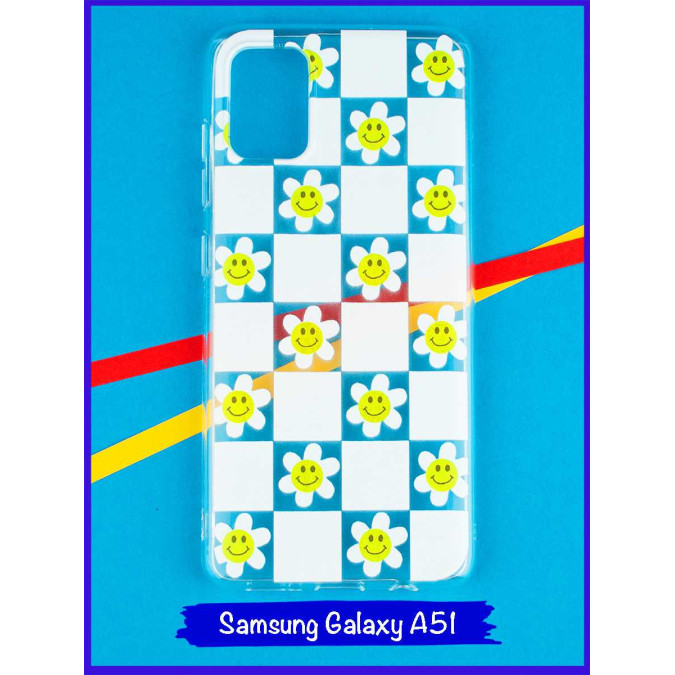 Чехол дизайнерский для Samsung Galaxy A51. Белая клетка с ромашками.