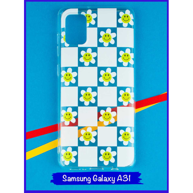 Чехол дизайнерский для Samsung Galaxy A31. Белая клетка с ромашками.