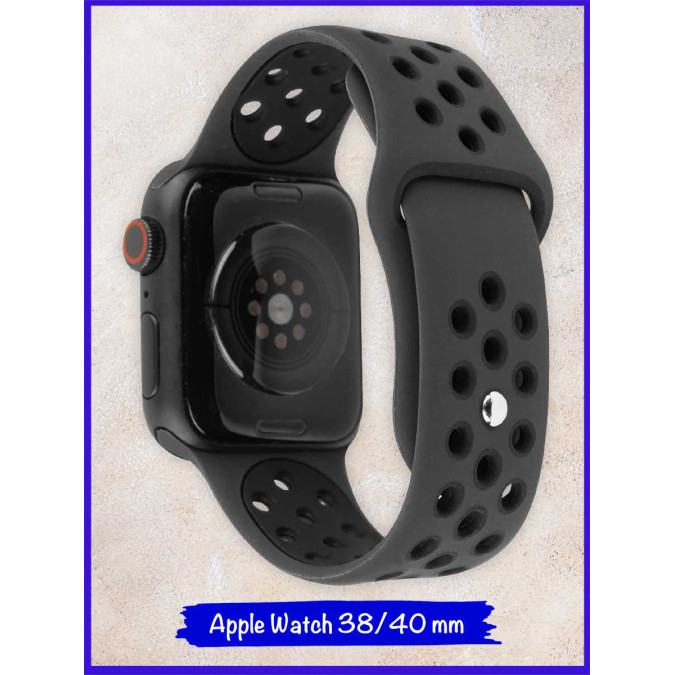 Ремешок силиконовый Apple Watch 38/40. Черный с черным.