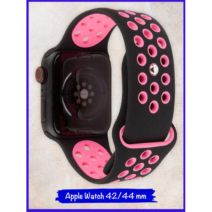 Ремешок силиконовый Apple Watch 42/44. Черный с коралловым.