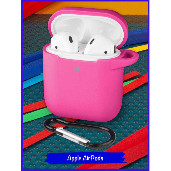 Чехол для Apple AirPods. Ярко-розовый. Карабин.