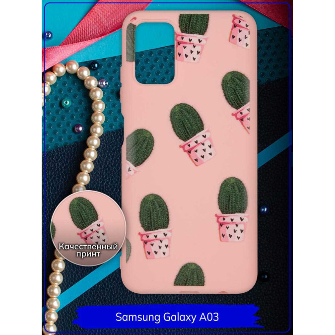 Чехол дизайнерский для Samsung Galaxy A03S. Кактус в горшке. Розовый.