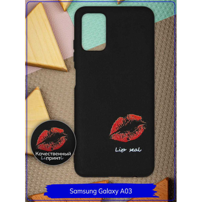 Чехол дизайнерский для Samsung Galaxy A03S. Lip seal. Черный.