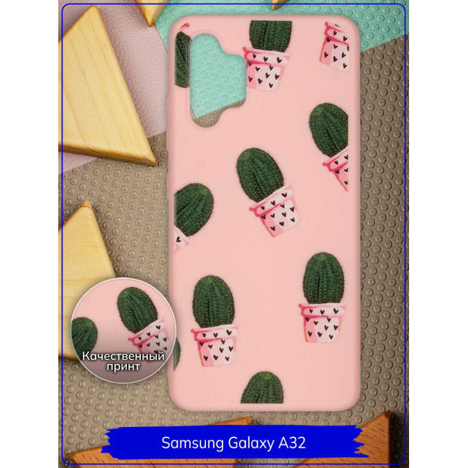 Чехол дизайнерский для Samsung Galaxy A32. Кактус в горшке. Розовый.