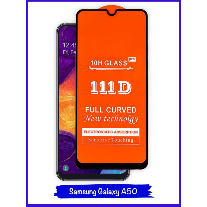 Стекло для Samsung Galaxy A50. Противоударное. Полноклеевое. Черная рамка. 111D.