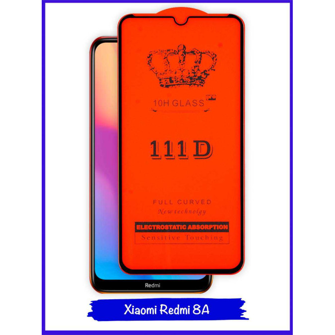 Стекло для Xiaomi Redmi 8A. Противоударное. Полноклеевое. Черная рамка. 111D.