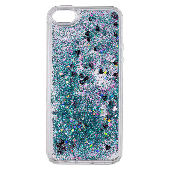 Чехол силиконовый дизайнерский. Glitter. Зеленые блестки. Прозрачный. Apple Iphone 5 / Apple Iphone 5S / Apple Iphone SE