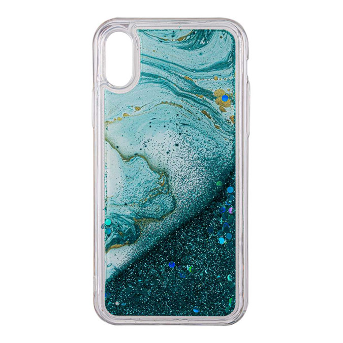 Чехол силиконовый дизайнерский. Glitter. Прозрачный. Зеленый мрамор. Apple Iphone X / Apple Iphone XS