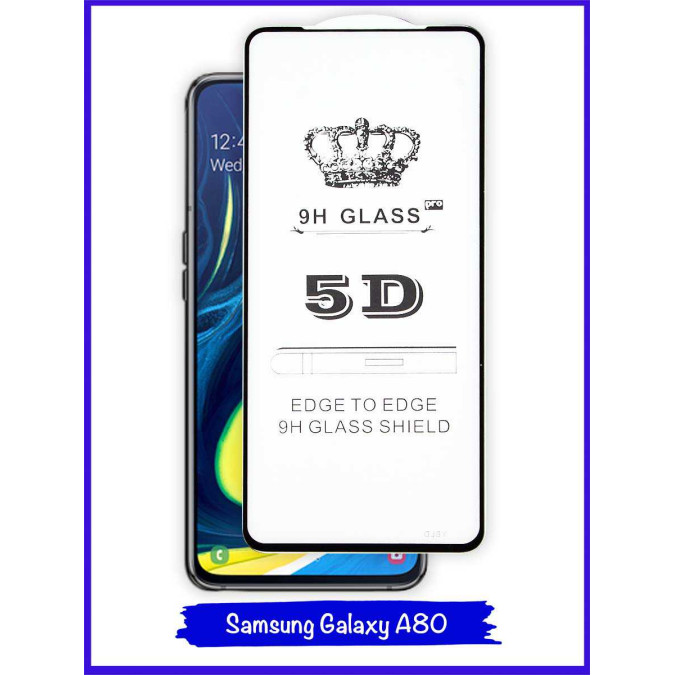 Стекло для Samsung Galaxy A80 / Samsung Galaxy A90. Противоударное. Полноклеевое. Черная рамка. 5D.