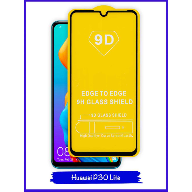 Стекло защитное противоударное для Huawei P30 Lite. 9D. Black.