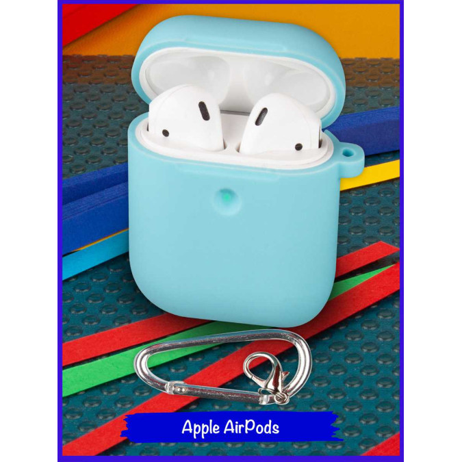 Чехол для Apple AirPods. Голубой. Карабин.