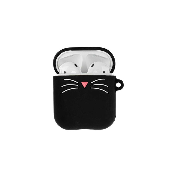 Чехол для AirPods. Черный. Кошка.