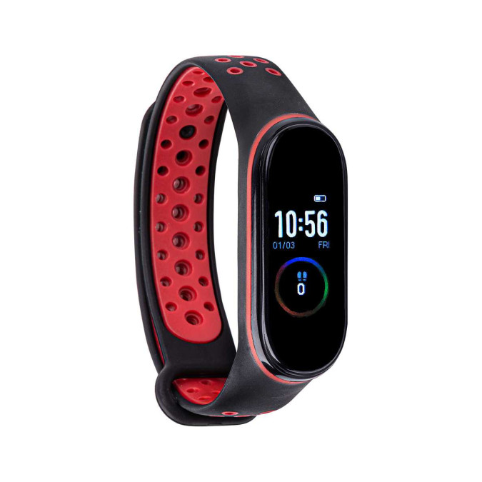 Ремешок для Xiaomi Mi Band 3/4. Силикон. Вентиляция. Черный с красным.