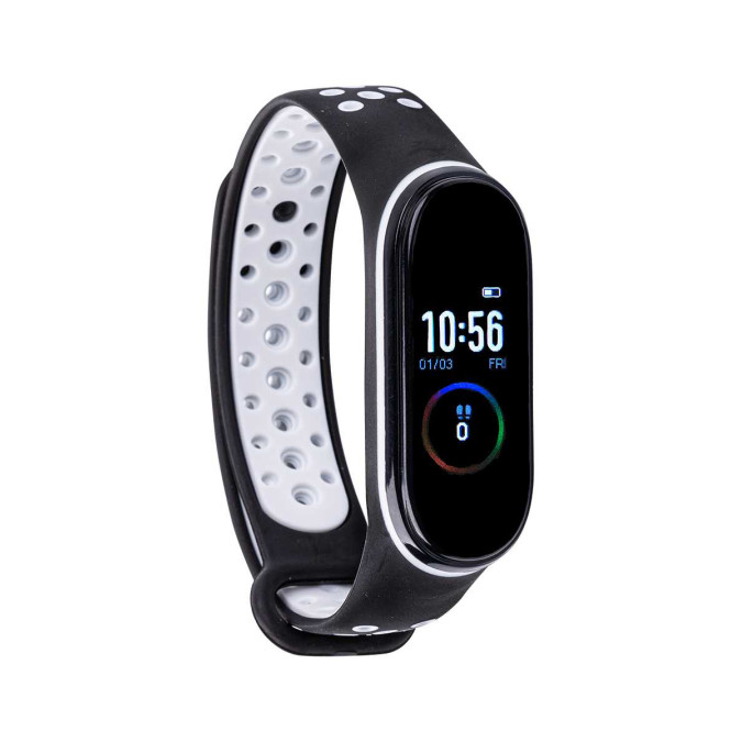 Ремешок для Xiaomi Mi Band 3/4. Силикон. Вентиляция. Черный с белым.