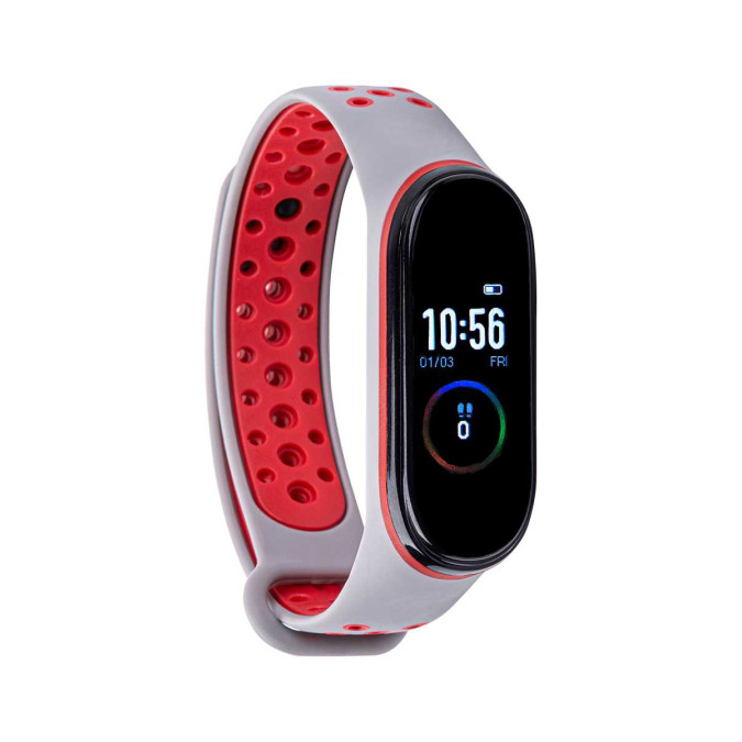 Ремешок для Xiaomi Mi Band 3/4. Силикон. Вентиляция. Серый с красным.