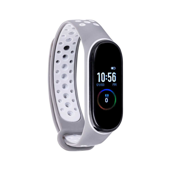 Ремешок для Xiaomi Mi Band 3/4. Силикон. Вентиляция. Серый с белым.