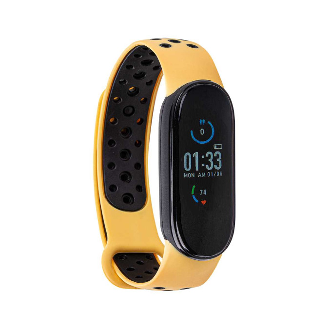 Ремешок для Xiaomi Mi Band  5 Силикон. Вентиляция. Желтый с черным.