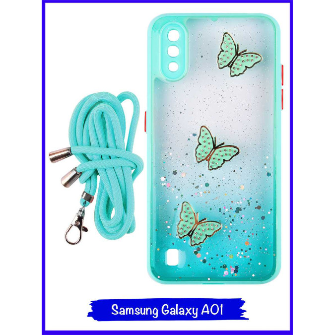 Чехол дизайнерский для Samsung Galaxy A01. Бирюзовые бабочки.